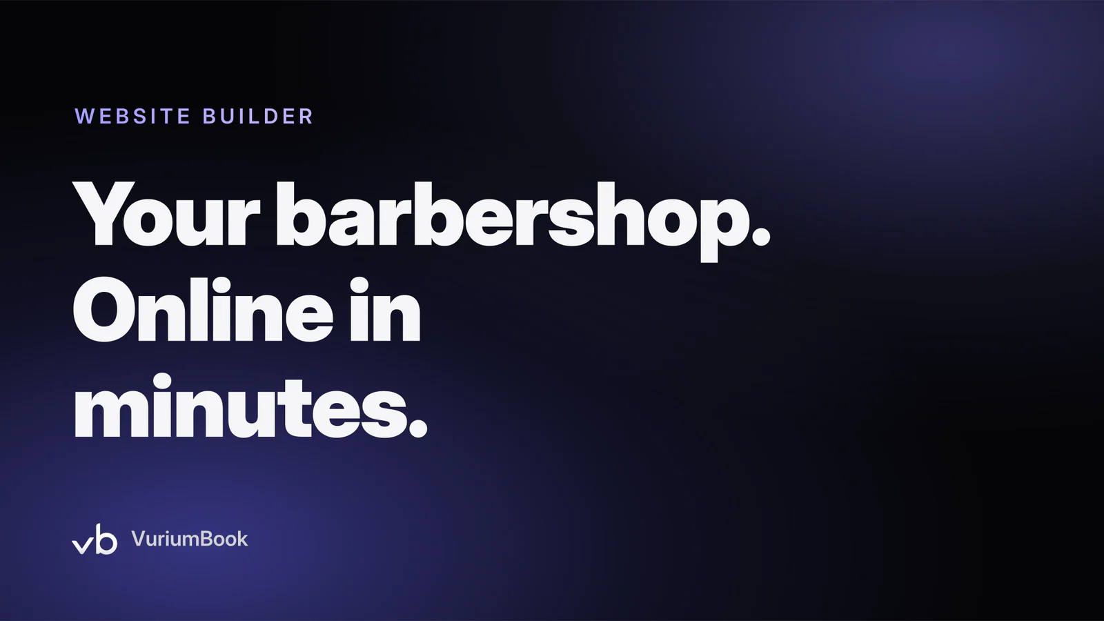 Bold violet headline on dark background promoting barbershop website builder feature