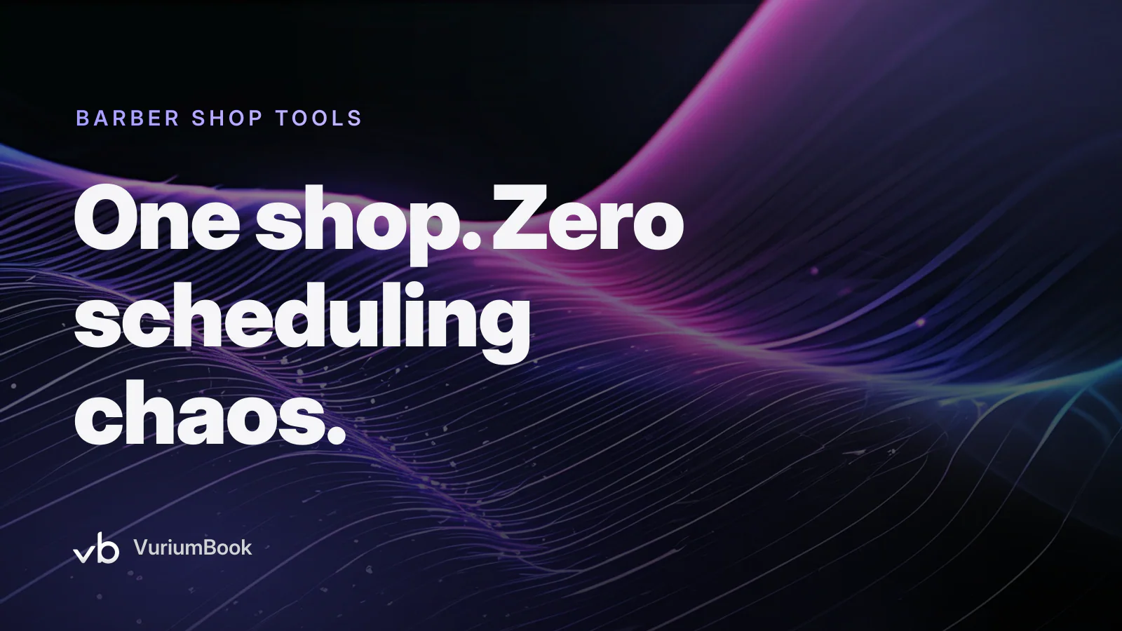 Bold white headline on dark background with violet accent lines suggesting a clean barbershop scheduling interface