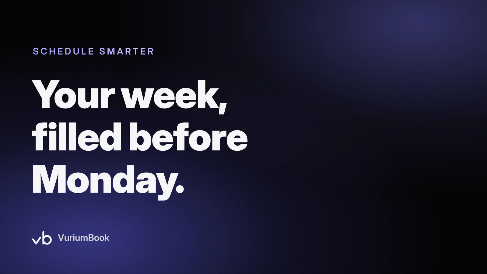 Bold white headline on dark background with violet accent lines suggesting a weekly calendar grid
