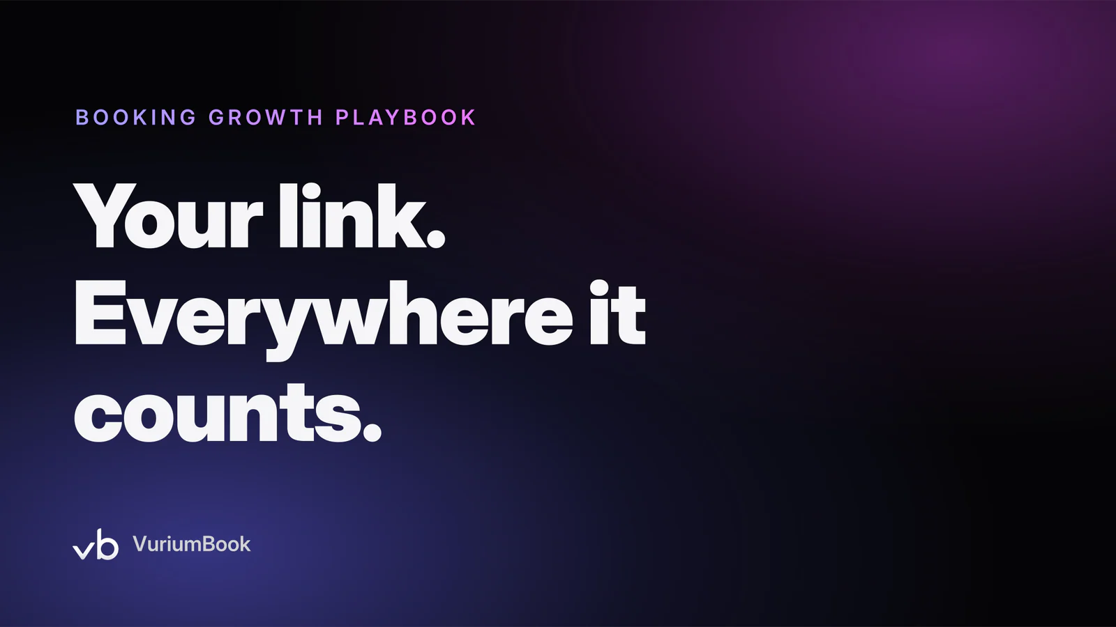 Bold magenta headline on dark background promoting booking link visibility across social channels.